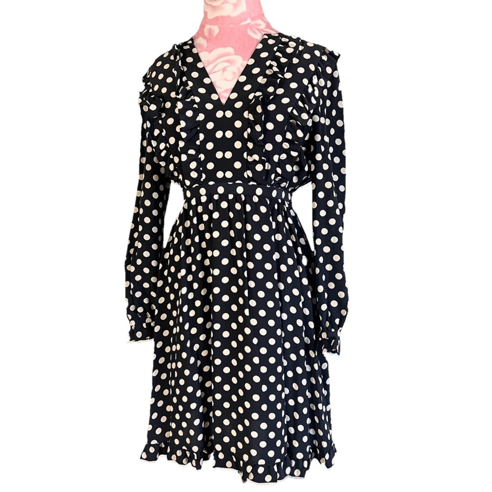 Kate Spade Woman Black Polka Dot Silk Size 2 Long Sleeve Mini Dress Ruffle